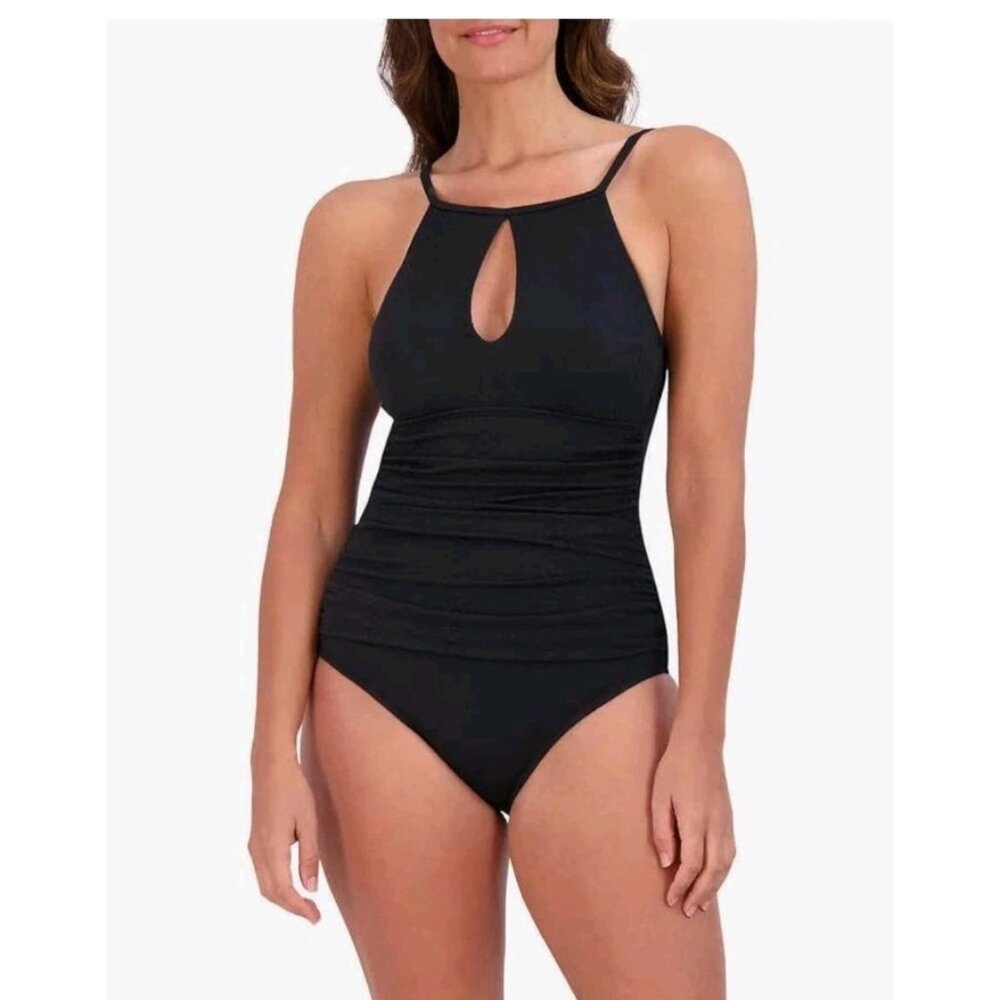 Jessica Simpson Womens XS Black Midweight Textured One Piece Swimsuit Cutout NWT - Picture 1 of 6